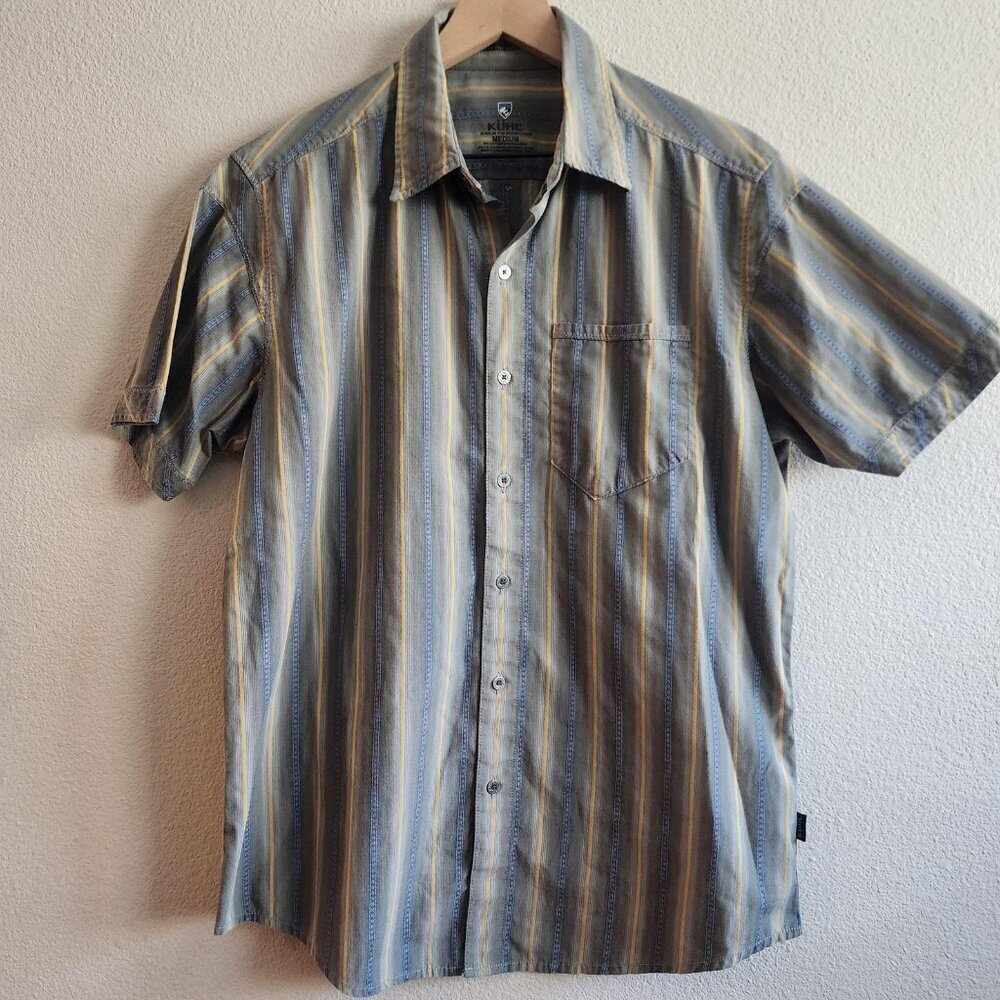 Kuhl Shirt Mens Medium Gray Blue Yellow Striped Short Sleeve Button Up Outdoor